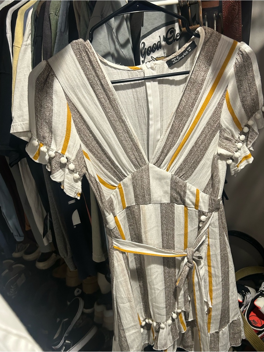 Striped V-Neck Wrap Dress in Cream, Brown & Yellow